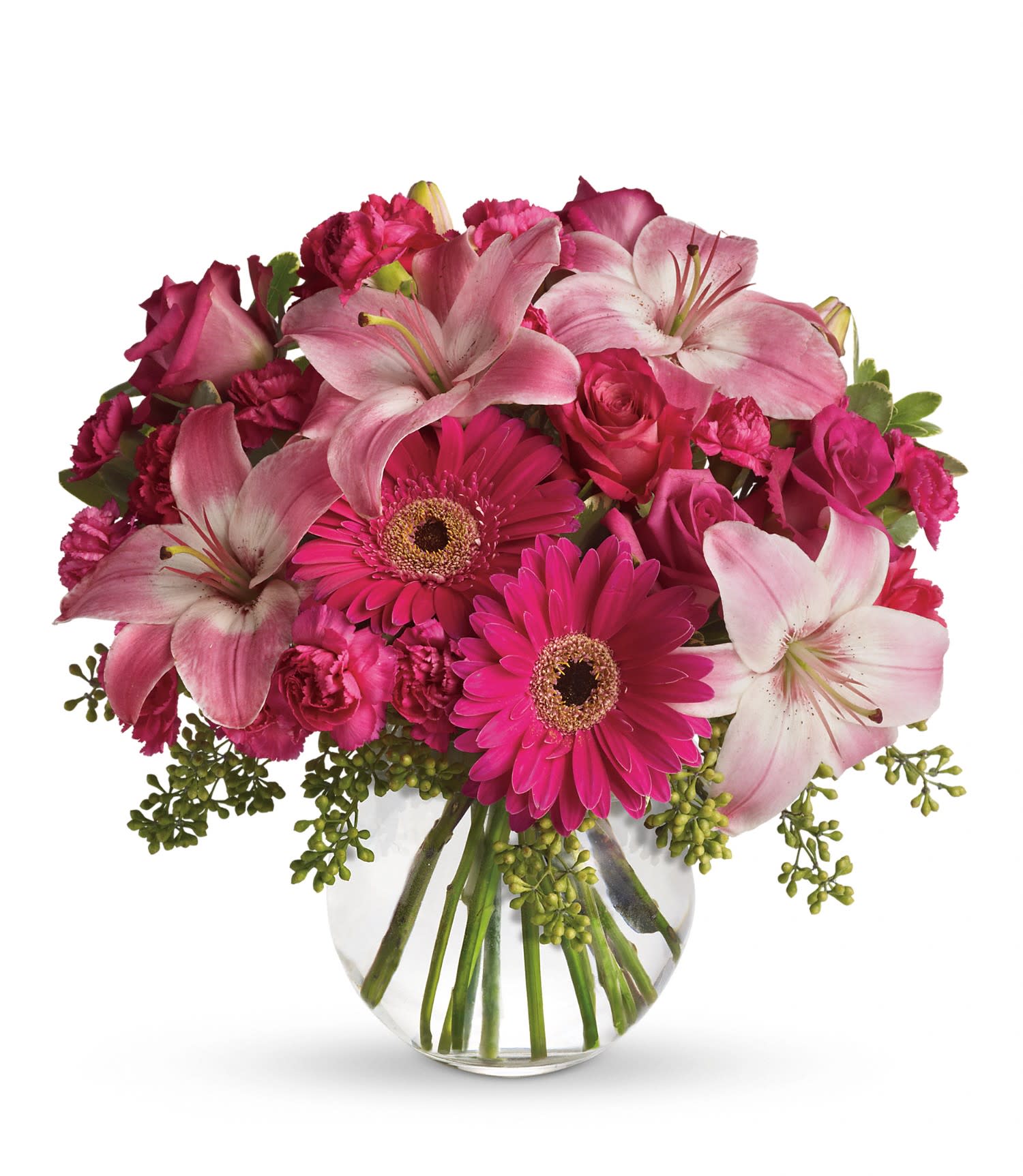 A Little Pink Me Up - Lovely pink roses and asiatic lilies are joined by hot pink gerberas and miniature carnations, pink full-sized carnations and more in a clear glass ball. Send this one and life will be a bowl of cheer! Approximately 13 1/4" W x 14 1/2" H