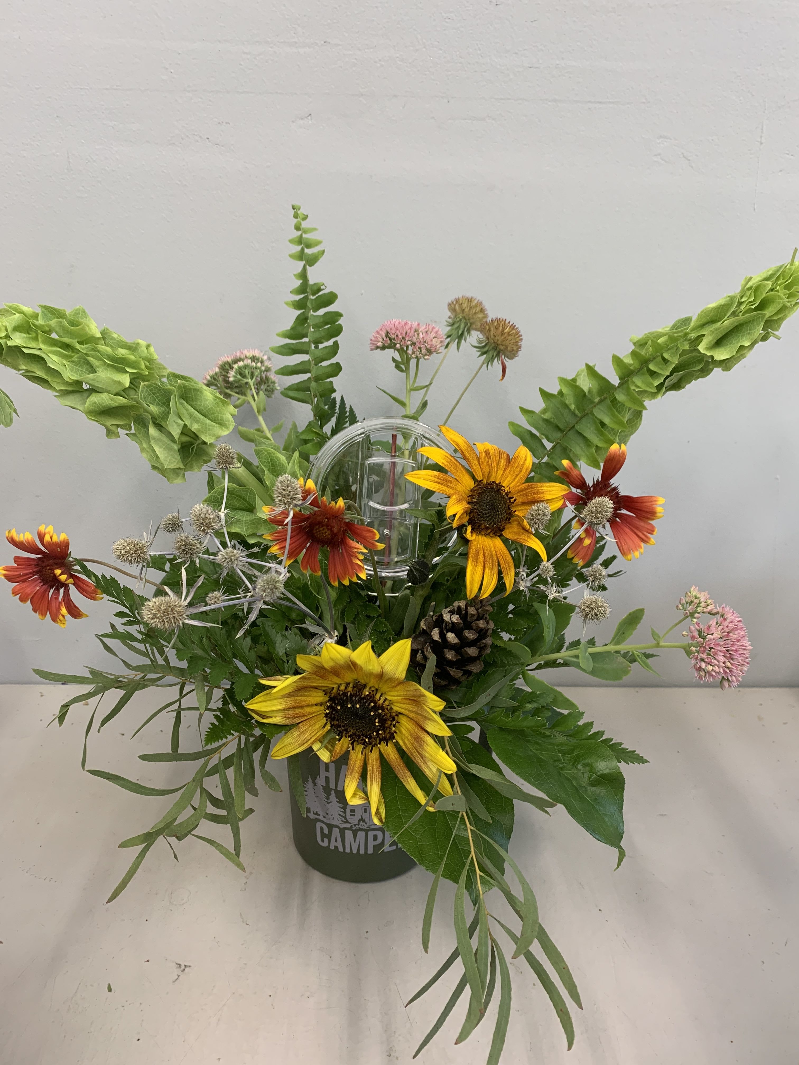 Take Me Camping  - Coffee tumbler perfect for the camper in your life! Includes sunflower, scabiosa, bell of Ireland, fern and more 