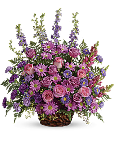 Gracious Lavender Basket by Teleflora - Soothing lavender, respectful purple and compassionate pinks are combined beautifully in this basket overflowing with pretty flowers, sincerity and sympathy. A lovely way to share your thoughts and pay tribute to someone special. 