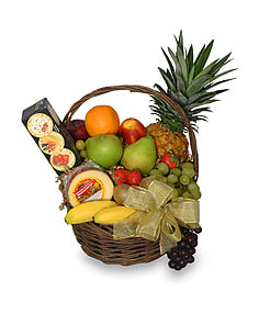 Fruit basket with assorted fruit and a gold ribbon