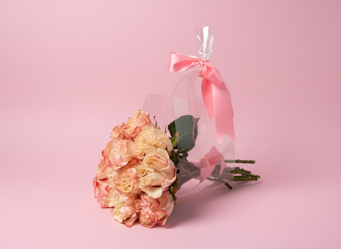 Flower To Go: Cotton Candy - Pale pink and cream roses-soft as cotton candy-creates a romantic, intimate bouquet perfect for a birthday, anniversary, or Mother's Day gift. This flower arrangement reads as hand-tied and personal, the kind of bouquet that makes the person you're thinking of feel quietly celebrated and cherished.  The roses are gathered tightly into a neat, pocket-sized posy, wrapped in clear plastic to show off the pastel tones and finished with a soft pink satin ribbon for a polished touch. Sized for everyday gifting rather than a formal centerpiece, it's an easy-to-carry, ready-to-present arrangement that suits gestures large and small. Care: keep stems in water as soon as possible and away from direct heat to preserve freshness.