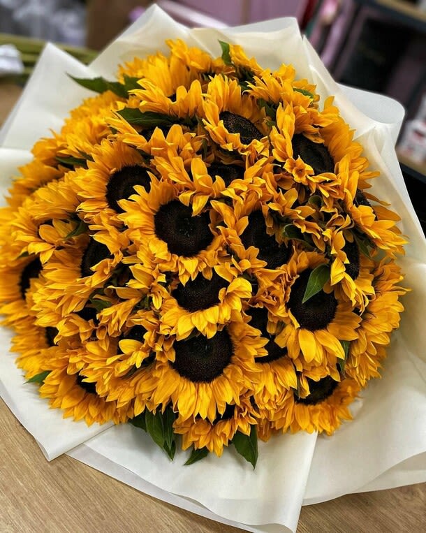 Sunny sunflowers  - Brighten up a table, send get well wishes, or simply sprinkle sunshine on someone's day with this summer flower arrangement. Bold sunflowers are arranged in a glass bubble bowl with curly willow curled inside. Sunflowers steal the show in this simple arrangement. Also featured: green bupleurum, salal leaves and a curly willow inside the glass bubble bowl. Orientation: All-Around 