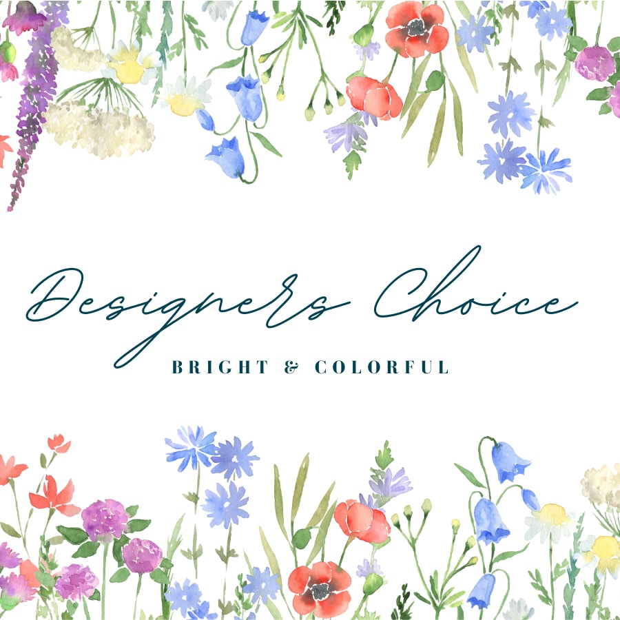 Watercolor floral design with "Designer’s Choice" text and colorful flowers around the edges