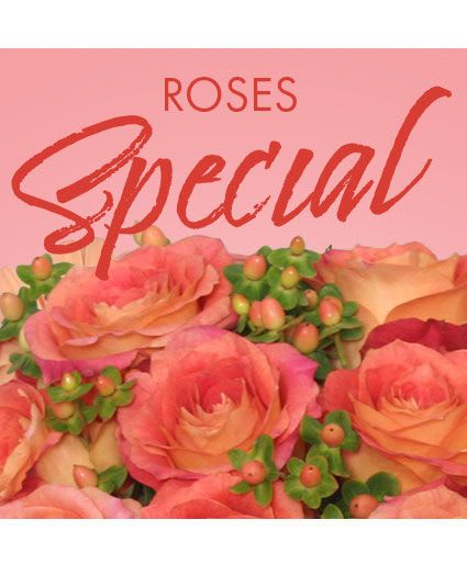 Pink and peach roses with berry-like accents under the word Special