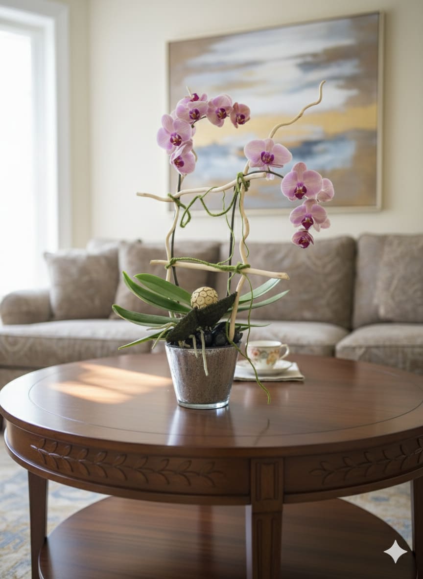 Potted pink orchids arranged on a decorative tabletop display