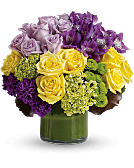 Simply Splendid - A simply splendid way to surprise someone special! Hand-delivered in a stylish, leaf-wrapped vase, This sophisticated, sunshiny arrangement of hydrangea and roses is an instant pick-me-up! (Deluxe version shown)