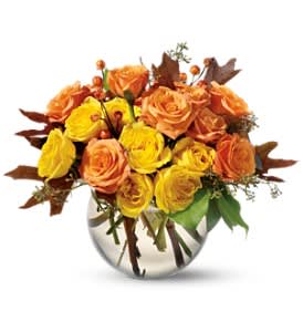 Spray Rose Harvest - The delicacy of pastel roses, framed by rustic autumn leaves. What a gloriously creative floral gift for someone very, very special.