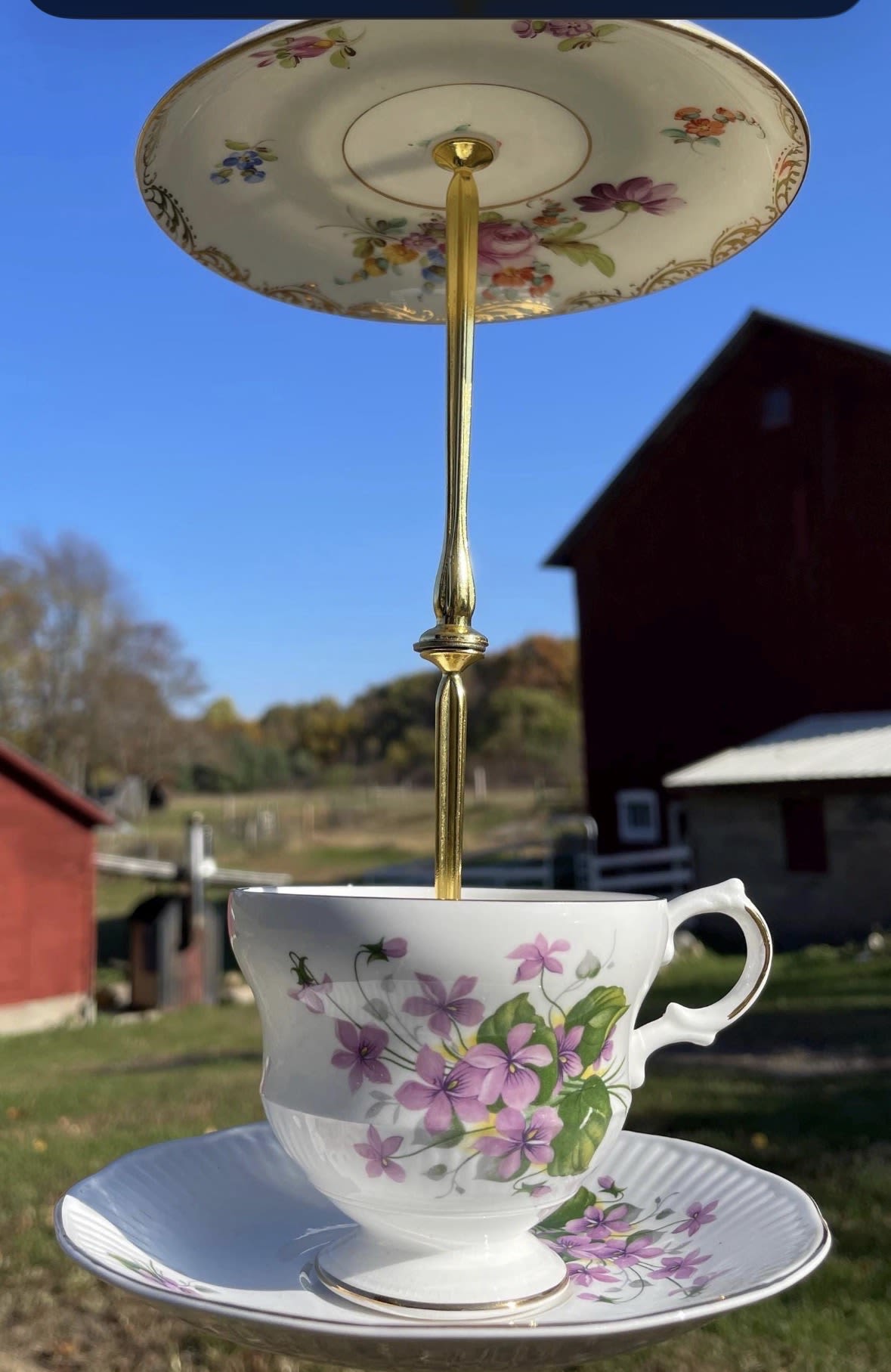 The Teacup Perch - Vintage Tea Cup Bird Feeder Handcrafted in Dublin, Ohio  - A thoughtful addition to any garden, patio, or balcony, this vintage teacup bird feeder brings a quiet sense of charm and character to outdoor spaces.  Each piece is made from authentic vintage porcelain teacups and saucers, carefully selected and repurposed to create something both functional and meaningful. No two are exactly alike…each one carries its own subtle history, with gentle signs of age that add to its character rather than take away from it.  Every feeder is hand-drilled and assembled with durable hardware for stability and long-term use. Designed to be both decorative and practical, it invites birds in while adding a soft, whimsical touch to your surroundings.  Sustainability is at the core of each piece, using upcycled materials and giving new life to vintage items that would otherwise go unused.  Details: • Made from genuine vintage porcelain teacups and saucers • Hand-assembled with durable hardware • Each piece is one of a kind • May include minor signs of age such as light staining or subtle glaze variations  Care: Gently clean with mild soap and water. Air dry or wipe with a soft cloth. Suitable for outdoor use in all seasons, though bringing it indoors during extreme cold or placing it in a covered area will help extend its life.  Note: Photos or videos showing birds are for reference and inspiration.  Each piece is thoughtfully made in Ohio using authentic vintage teacups and saucers, giving new life to materials with character and history.