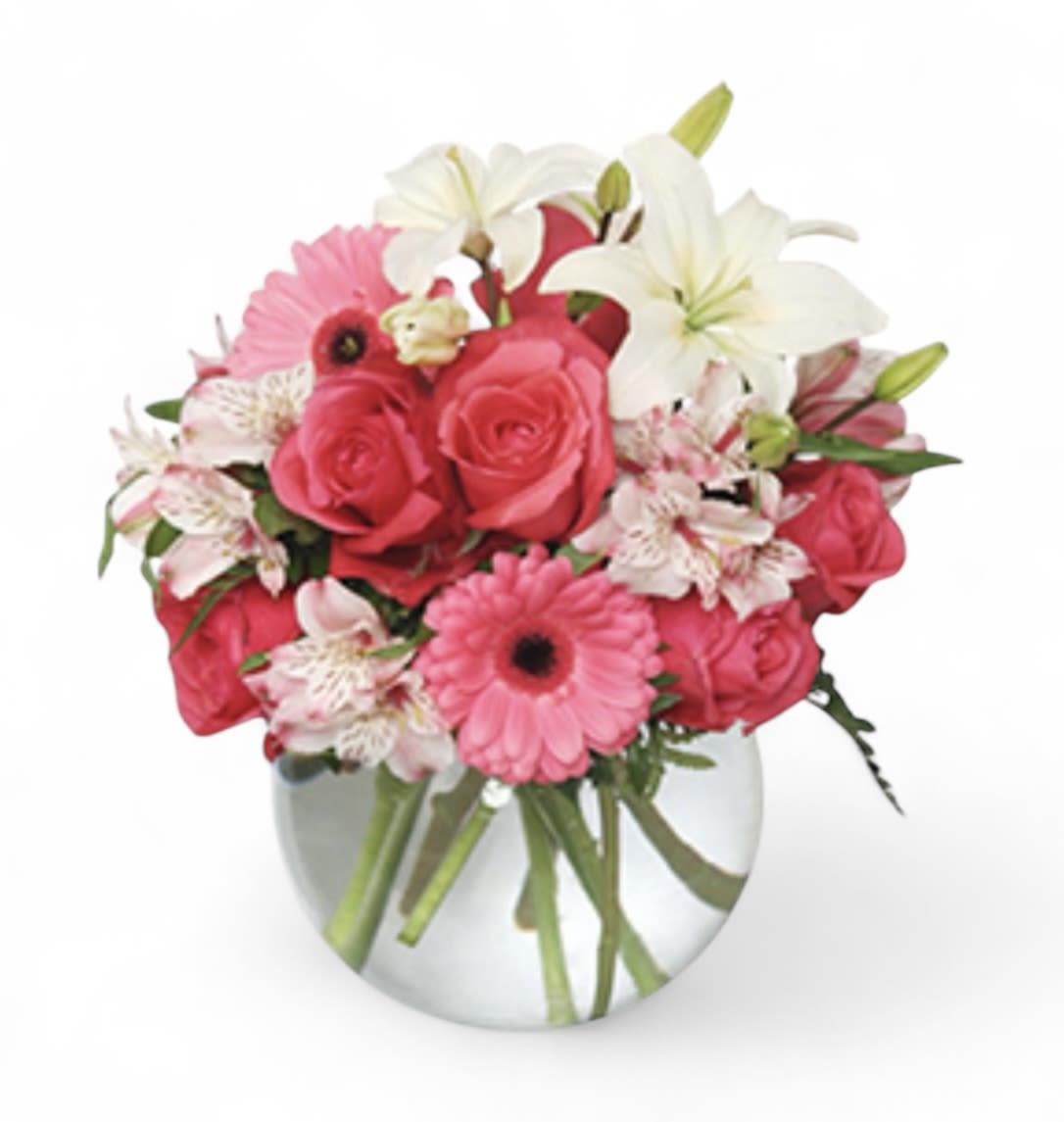 Pink and white mixed bouquet in a clear glass vase