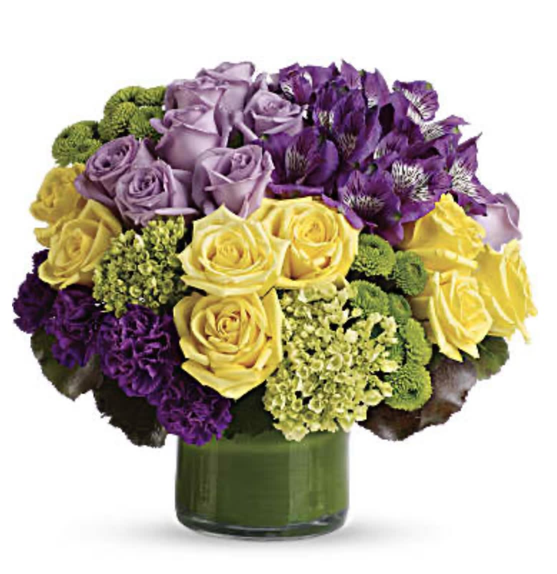 Bouquet of purple and yellow roses in a green glass vase