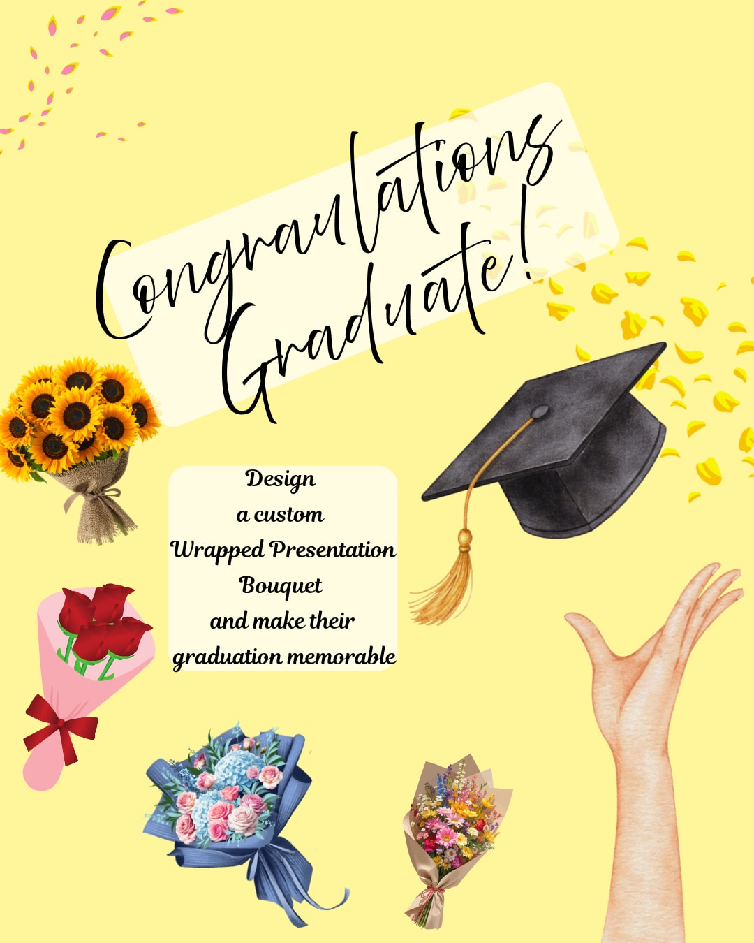 Custom Graduation Wrapped Bouquet - Make the moment they walk across the stage unforgettable with a custom graduation wrapped bouquet - a cheerful, congratulatory gift perfect for graduation, congrats, or a spontaneous "just because" surprise. Choose colors like red, pink, yellow, lavender, blue, black accents, or a mixed palette to match school colors or the grad's personality; the result is a festive, photo-ready bouquet that will make the recipient feel celebrated and seen.  Each bouquet is hand-tied in decorative wrap paper and finished with ribbon for that classic commencement look. We can include sunflowers for sunny warmth, colorful roses for a classic flair, cheerful daisies, mixed garden-style blooms, or a tropical selection if you prefer bold texture and color. The design will reflect your chosen palette and style - garden or tropical - and arrives ready to hand to the graduate or pose with in photos.  Tell us your colors and whether you prefer tropical or garden flowers in the special instructions; our team will design the perfect wrapped bouquet sized and styled for presentation at the ceremony. If you need a specific color mix, flower preference, or special trim include those details when ordering so we can make the day truly memorable.