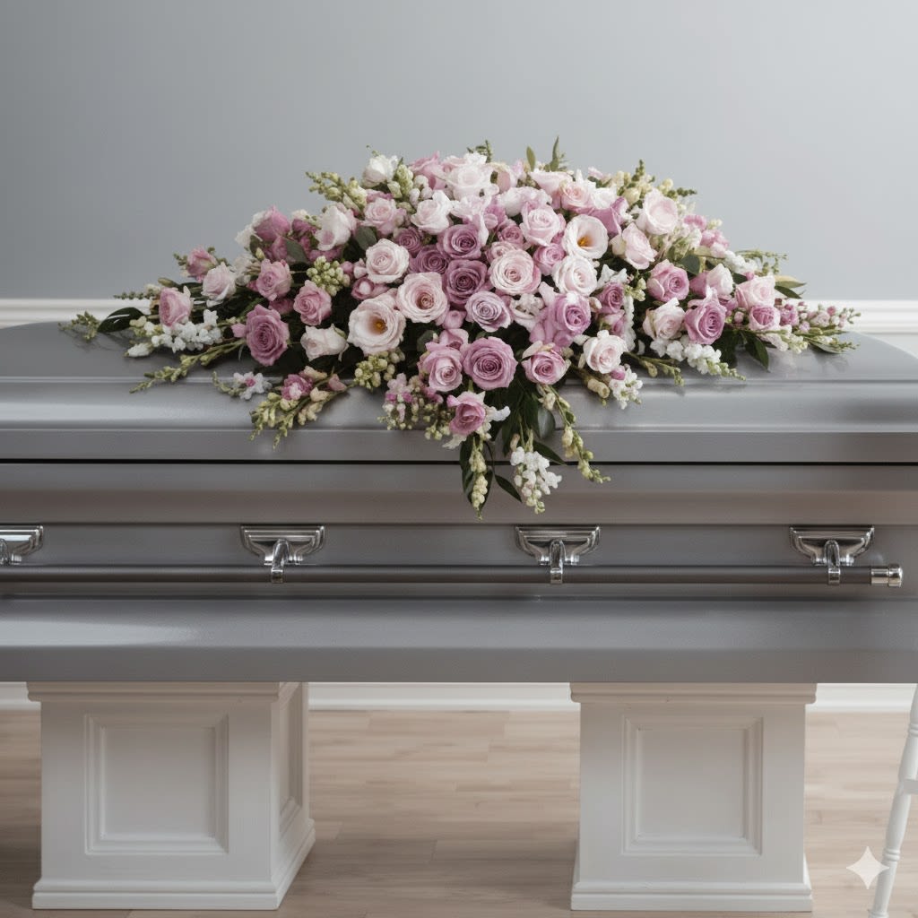 Pink Full flower Casket  -  Pet Friendly? No This arrangement contains Lisianthus and Roses (thorns); additionally, some greenery common in sprays can be toxic to household pets.  Keep out of reach of curious cats and dogs if the arrangement is brought into a home environment.   Human Allergy Note : No major allergy-triggering flowers noted. While Stock and Waxflower have a light fragrance, they are generally not high-pollen triggers like lilies or sunflowers.   Care &amp; Longevity : This arrangement is built into a moisture-retaining foam saddle. To maintain freshness, gently pour a small amount of water into the center of the foam every day. Keep the spray in a cool, shaded area away from direct sunlight or heavy air vents to prevent the blooms from wilting prematurely.   Best Occasions &amp; Situations : - Funeral services - Celebration of life ceremonies - Church memorials - Graveside tributes - Final farewells - Sympathy for immediate family   Why Customers Love It : - Serene color balance of muted purples and whites. - Grand, cascading shape that provides full coverage for the casket. - Classic and timeless design that fits any traditional service. - Fresh feel provided by the mix of spire-like snapdragons and soft roses.