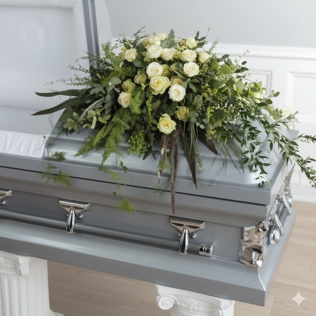 Yellow Full Flower Casket  -  Pet Friendly? No This arrangement contains White Carnations , which are highly toxic to cats, and Lisianthus , which is an irritant for both cats and dogs.  Keep out of reach; avoid homes with curious household pets.   Human Allergy Note : This arrangement is pollen-heavy due to the presence of lilies and mums.  We recommend keeping the spray in a well-ventilated area and avoiding close contact with bedding for those with sensitivities.   Care &amp; Longevity : To maintain freshness, gently add water to the center of the floral foam every day and mist the petals lightly. Keep the spray in a cool, draft-free area away from direct sunlight or heating vents. As blooms fade, remove them to keep the arrangement looking dignified.   Best Occasions &amp; Situations : - Funeral service - Celebration of life - Memorial tribute - Graveside service - Sympathy gesture - Church service - Closed casket (Full-couch) - Open casket (Half-couch)   Why Customers Love It : - Serene Color Palette: The all-white theme offers a classic, hopeful look. - Full Coverage: The wide, cascading shape ensures the casket is beautifully honored. - Dignified Presentation: High-quality roses and lilies lend a sense of luxury. - Gift-Ready: Arrives fully prepped and ready for immediate display at the funeral home.