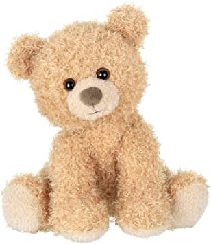 Small curly-textured tan teddy bear sitting upright