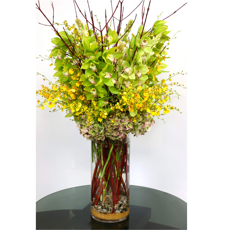 Tall arrangement of green orchids, yellow blooms, and hydrangeas in a clear cylinder vase