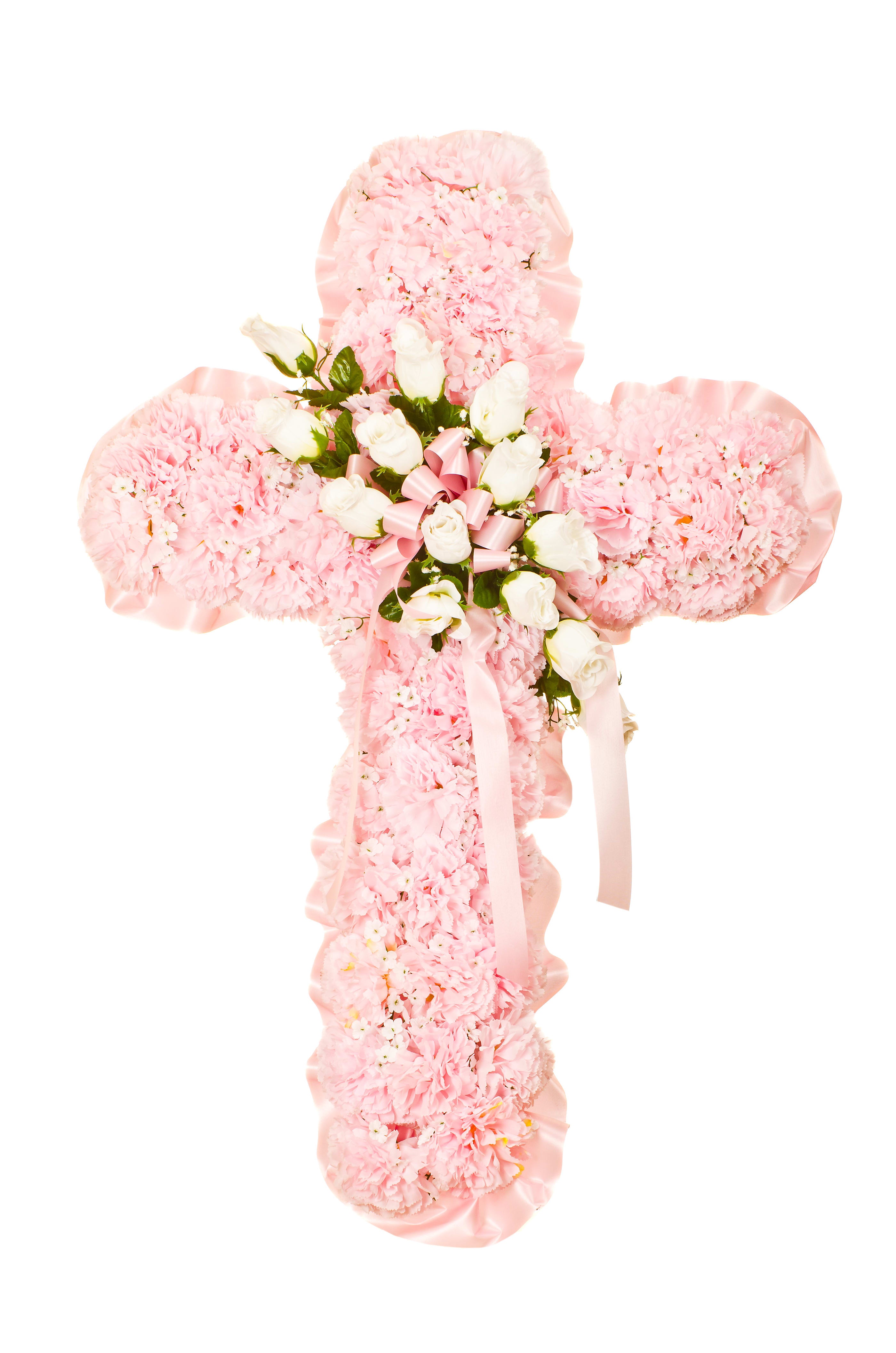 Pink carnation cross with white roses and pink ribbon accents on a white background