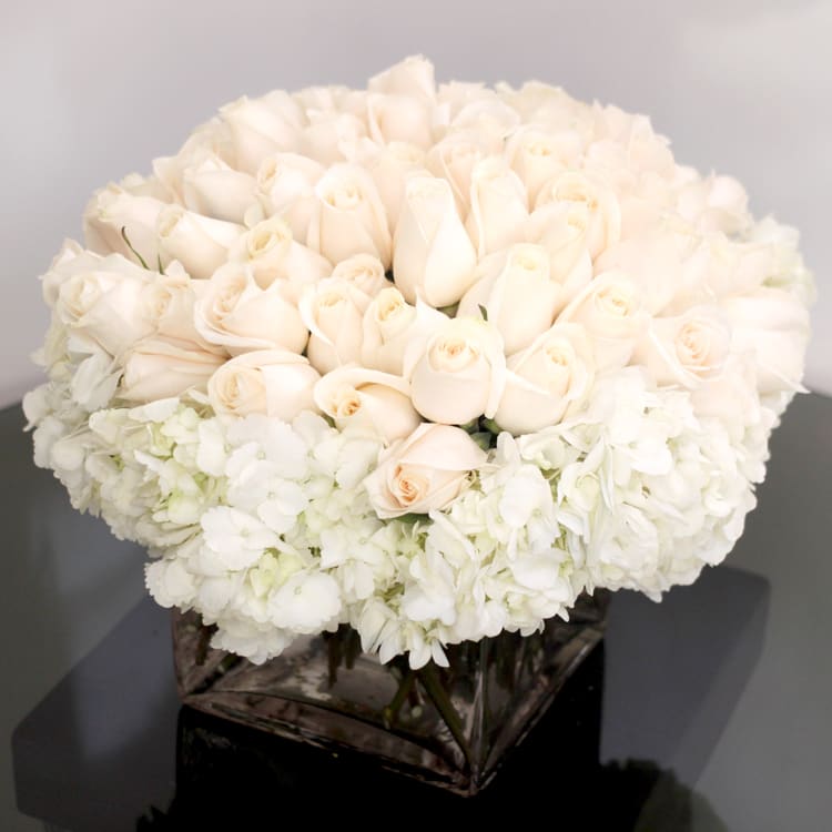 Low arrangement of cream roses and white hydrangeas in a clear glass cube vase