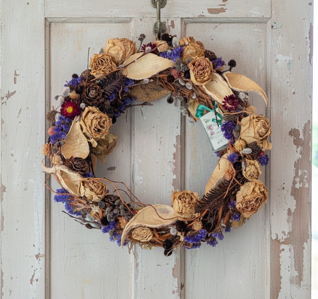 Dried floral wreath with tan roses and purple accents on a white door