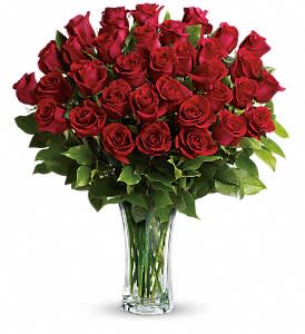 Bouquet of red roses in a clear glass vase