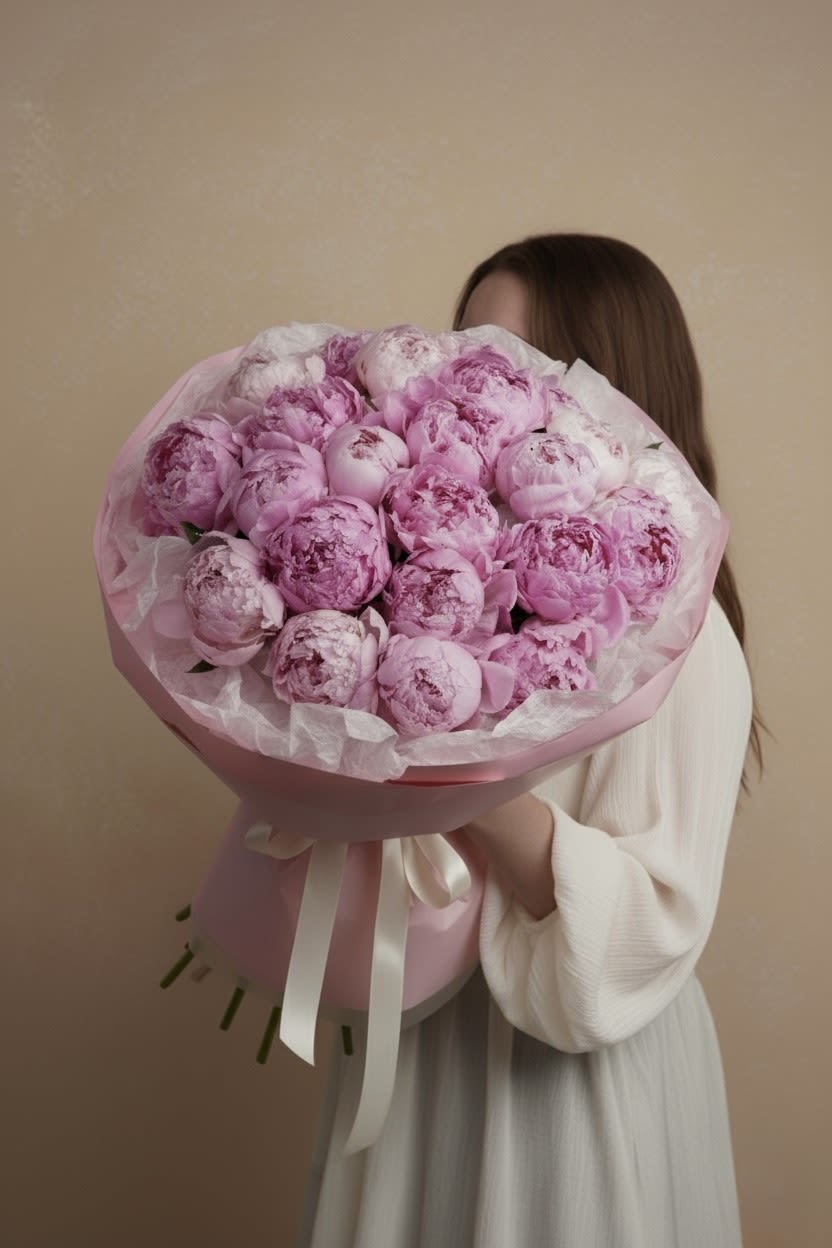 Large bouquet of pink peonies wrapped in pink paper with a white ribbon