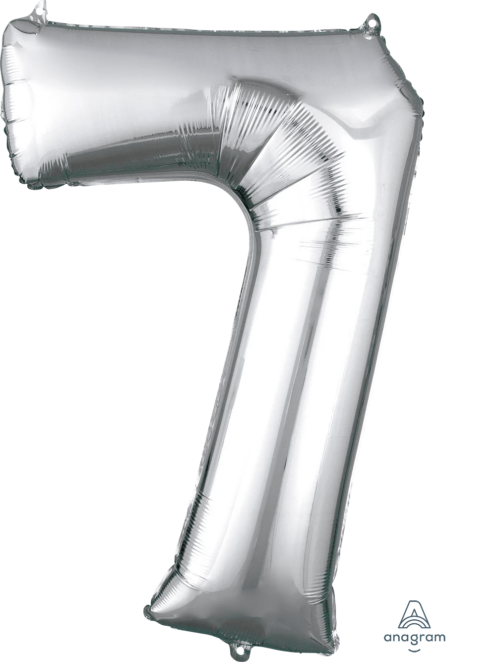 Silver foil balloon shaped like the number 7