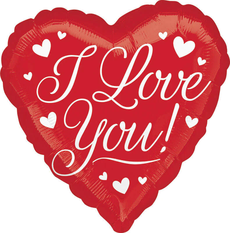 Red heart-shaped balloon with white hearts and "I Love You!" text