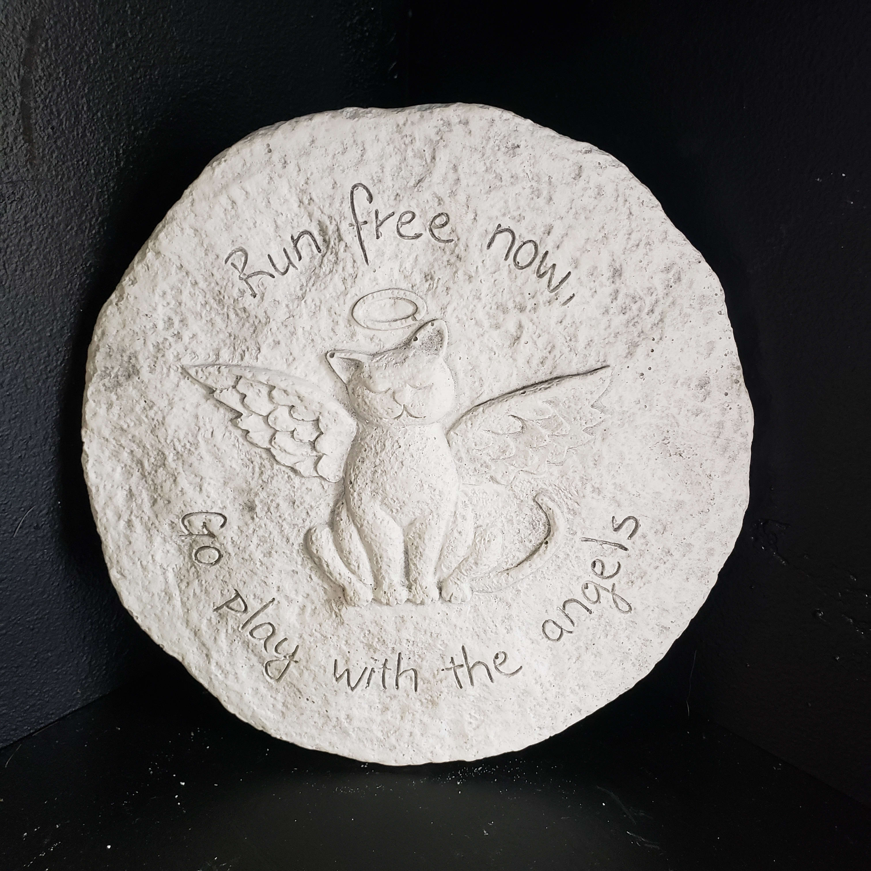 Memorial Cat Garden Plaque - This 8in stone has a wall hook to display hanging, or lay flat where your late kitty once roamed the garden. Anywhere you decide, you'll have a beautiful reminder of your cat's time on Earth.  Reads: "Run free now, Go play with the angels"
