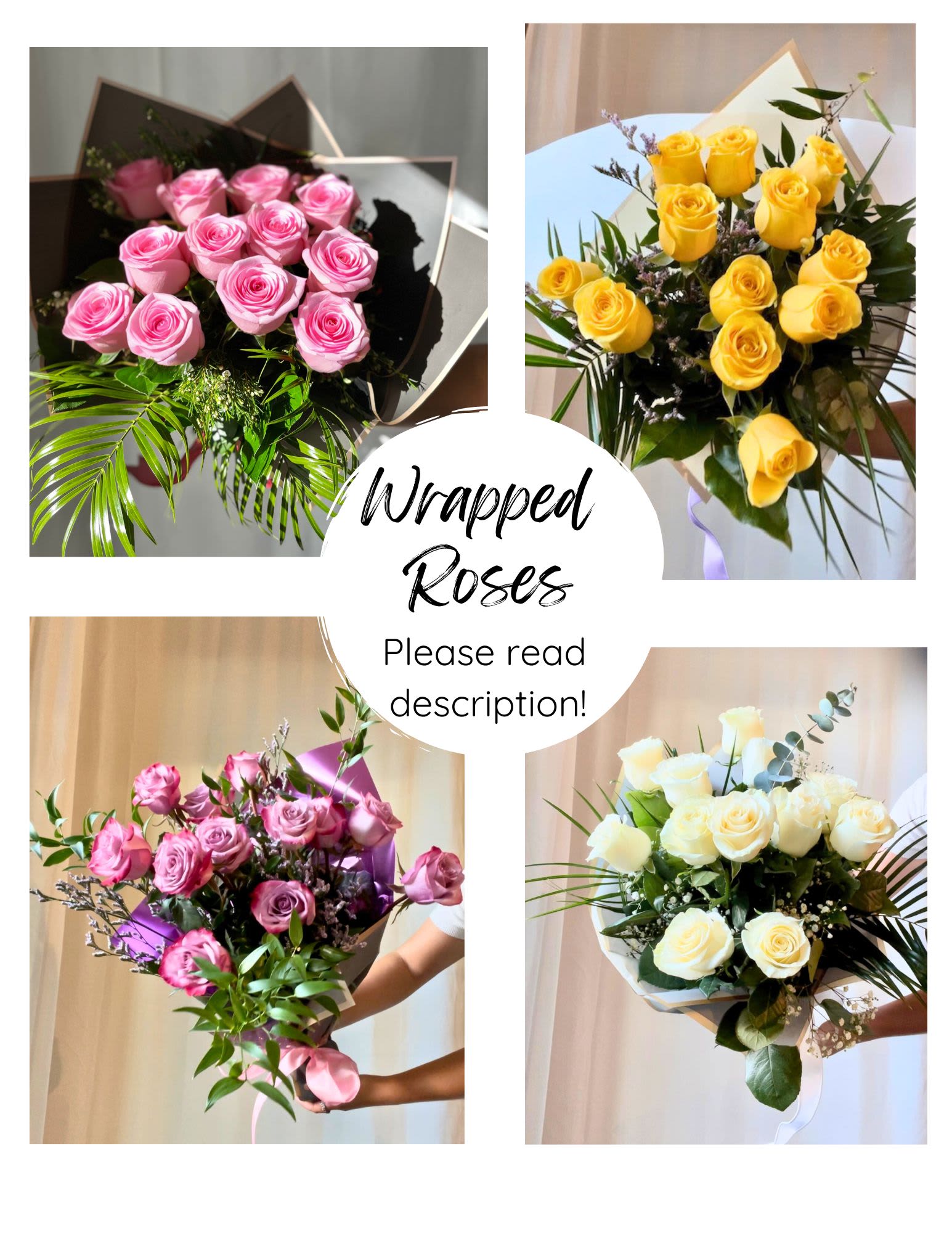 Collage of wrapped rose bouquets in pink, yellow, and white