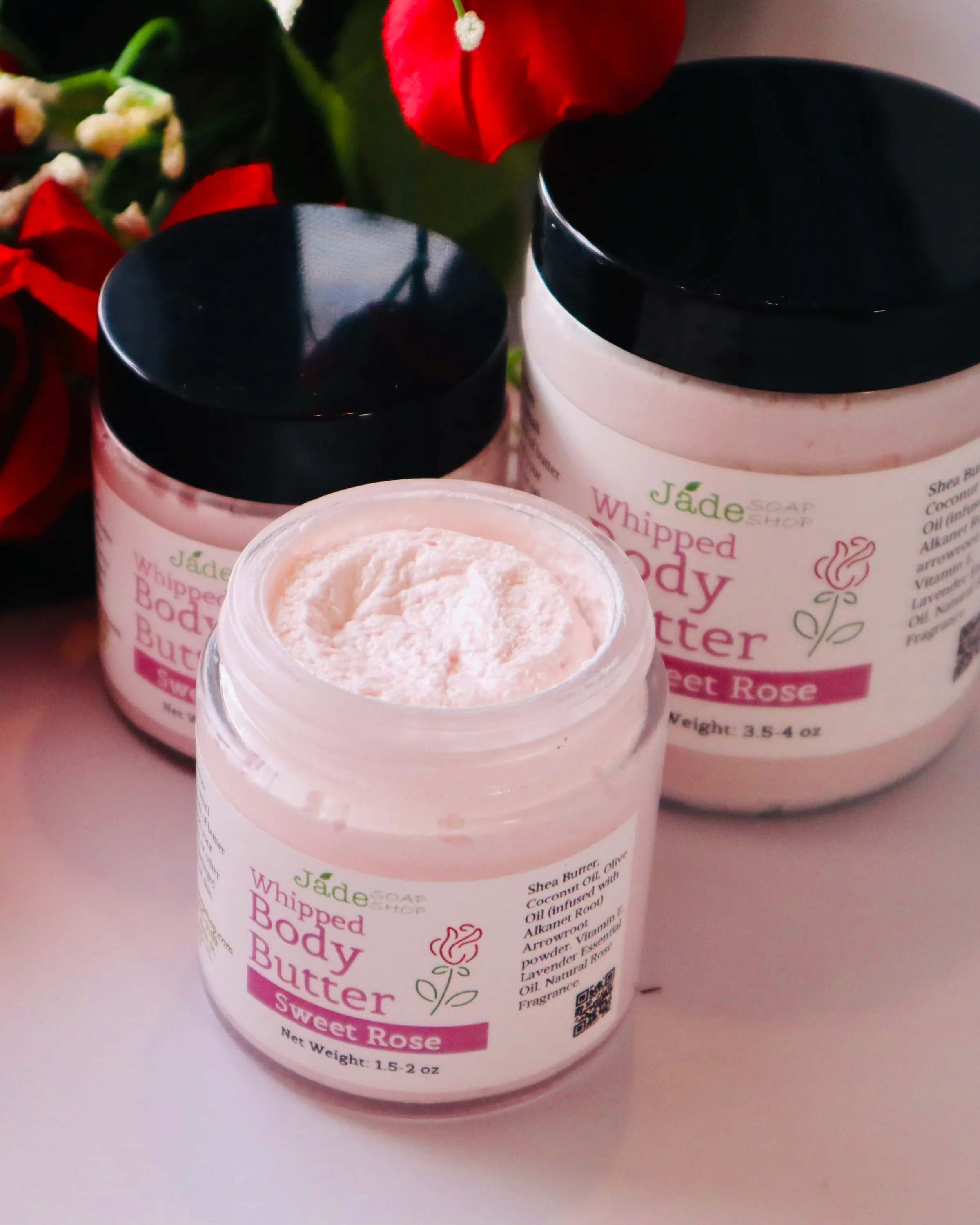 Whipped Body Butter - Sweet Rose - with Shea Butter and Alkanet Root Oil infusion - Whipped Body Butter - Sweet Rose  (net. weight is 3.5 oz.) A light, fluffy whipped body butter that melts into skin for lasting moisture. Made with rich shea butter, coconut oil, and alkanet-infused olive oil, it nourishes without feeling greasy. Lightly scented with romantic rose and calming lavender for soft, smooth, beautifully scented skin.   Ingredients: Shea Butter, Coconut Oil, Olive Oil (infused with Alkanet Root). Organic Arrowroot powder. Vitamin E Oil. Natural Rose Fragrance Oil, Lavender Essential Oil. Directions: Rub a small amount of butter around your hands, or other dry/damaged areas of skin. 