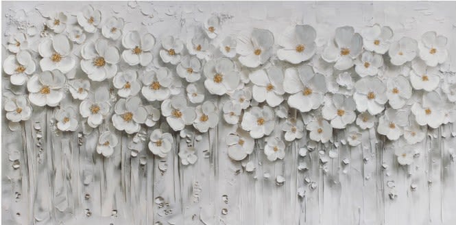 Whispers in Ivory Bloom - Title: Whispers in Ivory Bloom This painting is a textured, monochromatic floral composition filled with delicate white blossoms cascading across the canvas like a floating garden. The flowers vary in size and depth, creating a layered, sculptural effect that gives the artwork a three-dimensional presence. Soft shades of ivory, pearl, silver, and misty gray blend seamlessly into the background, while the golden centers of the flowers add subtle warmth and elegance. The brushstrokes and palette-knife textures create movement, with elongated vertical drips beneath the blooms resembling rain, melting petals, or reflections in water. The overall mood is calm, refined, and ethereal—balancing minimalism with richness in texture. It feels both modern and romantic, like a quiet spring morning wrapped in fog and light.