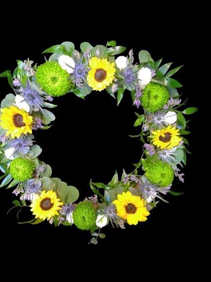 Sunflower Ocean Wreath - Bright sunflowers with other blooms.