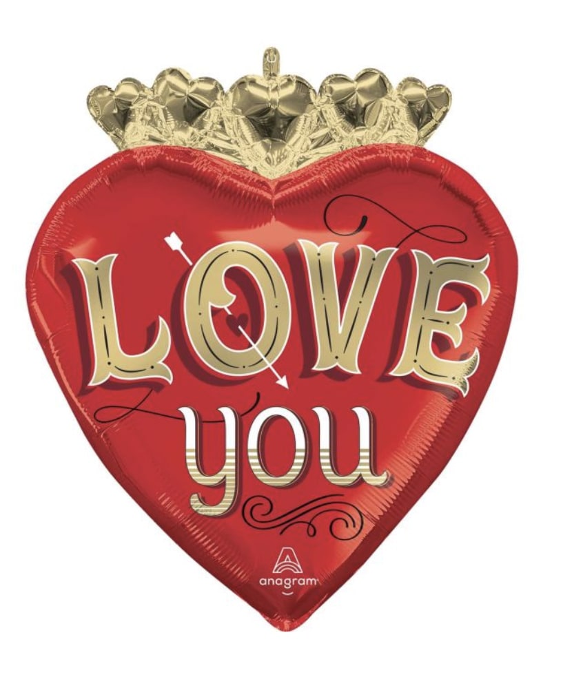 Heart-shaped red foil balloon with gold crown and "LOVE you" text