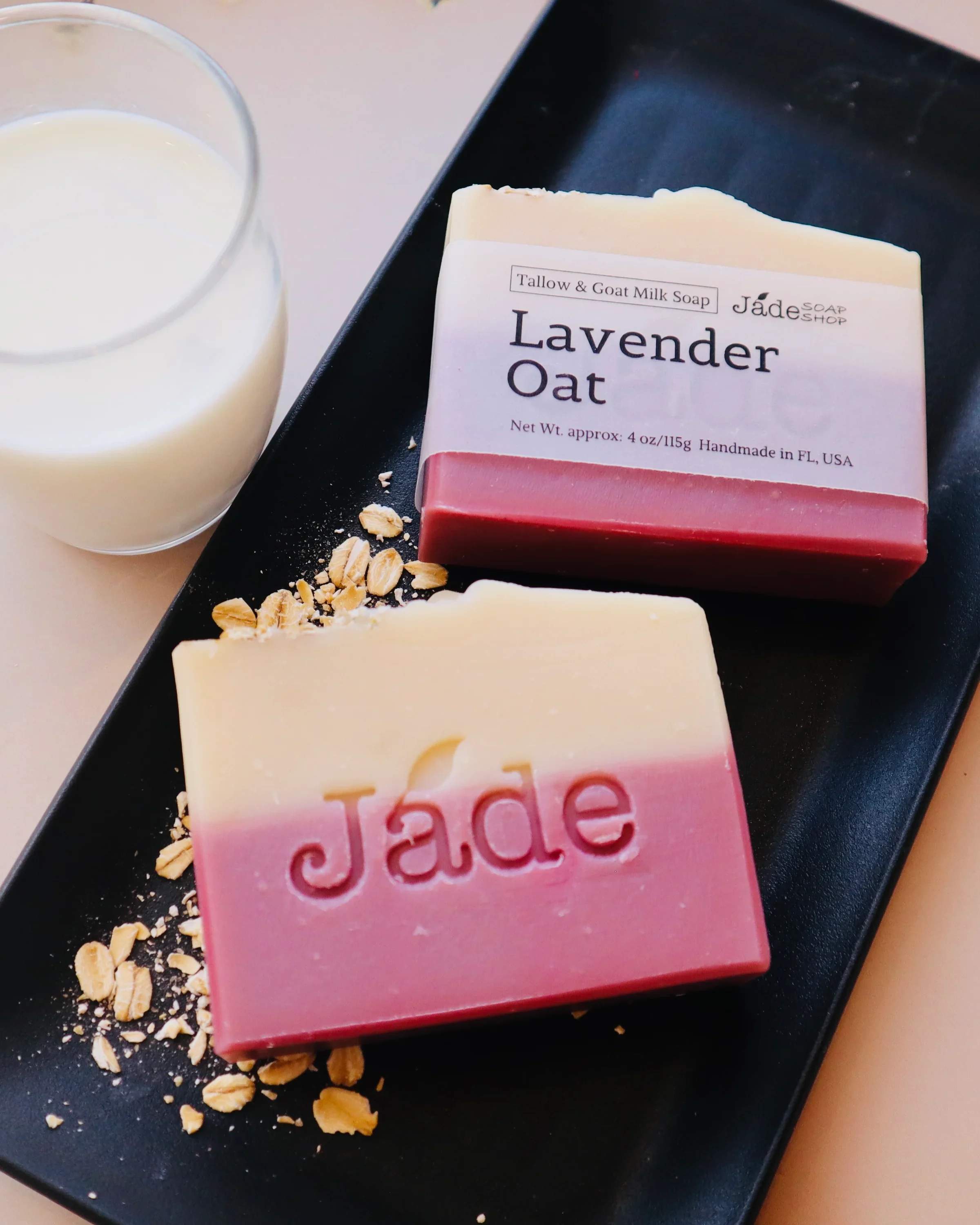 Lavender Oat Tallow &amp; Goat Milk Soap - Lavender Oat Tallow &amp; Goat Milk Soap  Calming, creamy, and gently exfoliating—this soothing bar is a treat for sensitive or dry skin. Made with goat milk, Grass-Fed Beef Tallow, and sweet almond oil, it delivers rich moisture with every wash. Purple clay and colloidal oatmeal help cleanse and soften, while oatmeal flakes and dried lavender offer light exfoliation.  Contains: Saponified Olive Oil, Coconut Oil, RSPO Palm Oil, Grass-Fed Beef Tallow, Sweet Almond Oil. Organic Goat Milk. Purple Clay. Colloidal Oatmeal. Kaolin Clay, Oatmeal Flakes. Cranberry seed. Lavender Essential Oil.  Jade Soap Shop uses Sodium hydroxide for saponification. There's no sodium hydroxide exits in the soap after the saponification is done.  Key Ingredients: Beef tallow, derived from rendered beef fat, offers several potential benefits for skin health and skincare: Soap made with beef tallow, it's ultra-moisturizing, rich in vitamins A, D, E &amp; K, and creates a hard, long-lasting bar with a creamy, stable lather. Great for dry or sensitive skin. Goat milk is full of moisture-boosting fat molecules, redness-reducing exfoliating acids, nourishing vitamin A, and a handful of other skin-loving minerals that make it a powerful, yet gentle antidote for everything from eczema to acne. Lavender Essential Oil may provide benefits to skin afflicted by eczema or psoriasis. It can help to relieve the itch and irritation of psoriasis, and it may help with eczema outbreaks. 4 oz. bar       
