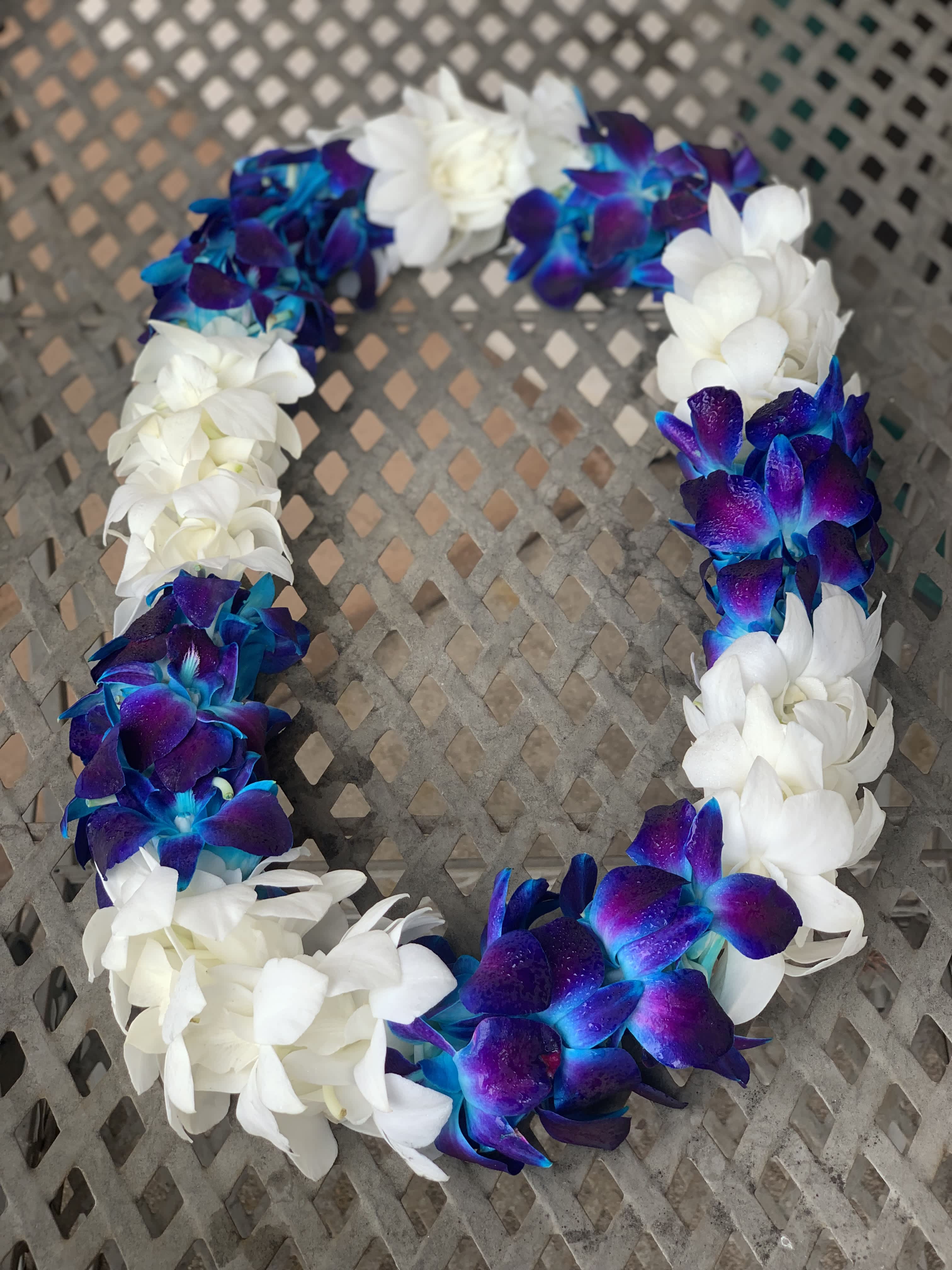A floral lei made of white and blue-purple orchid blossoms