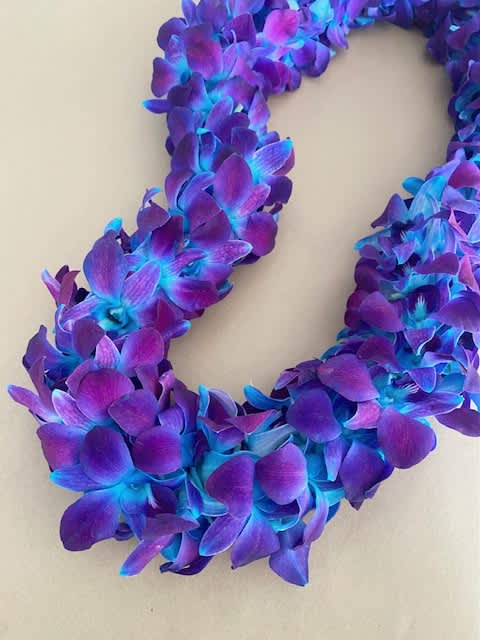 Purple and blue orchid lei on a neutral background