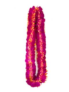 Two magenta flower leis with orange accents on a white background