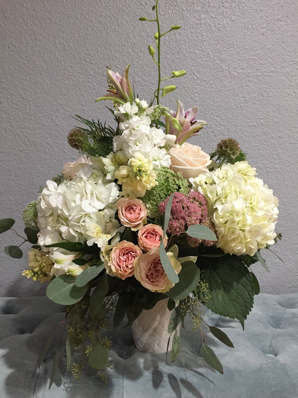 Hydrangea Bouquet - Bouquet with white hydrangeas and pink rose accents. 