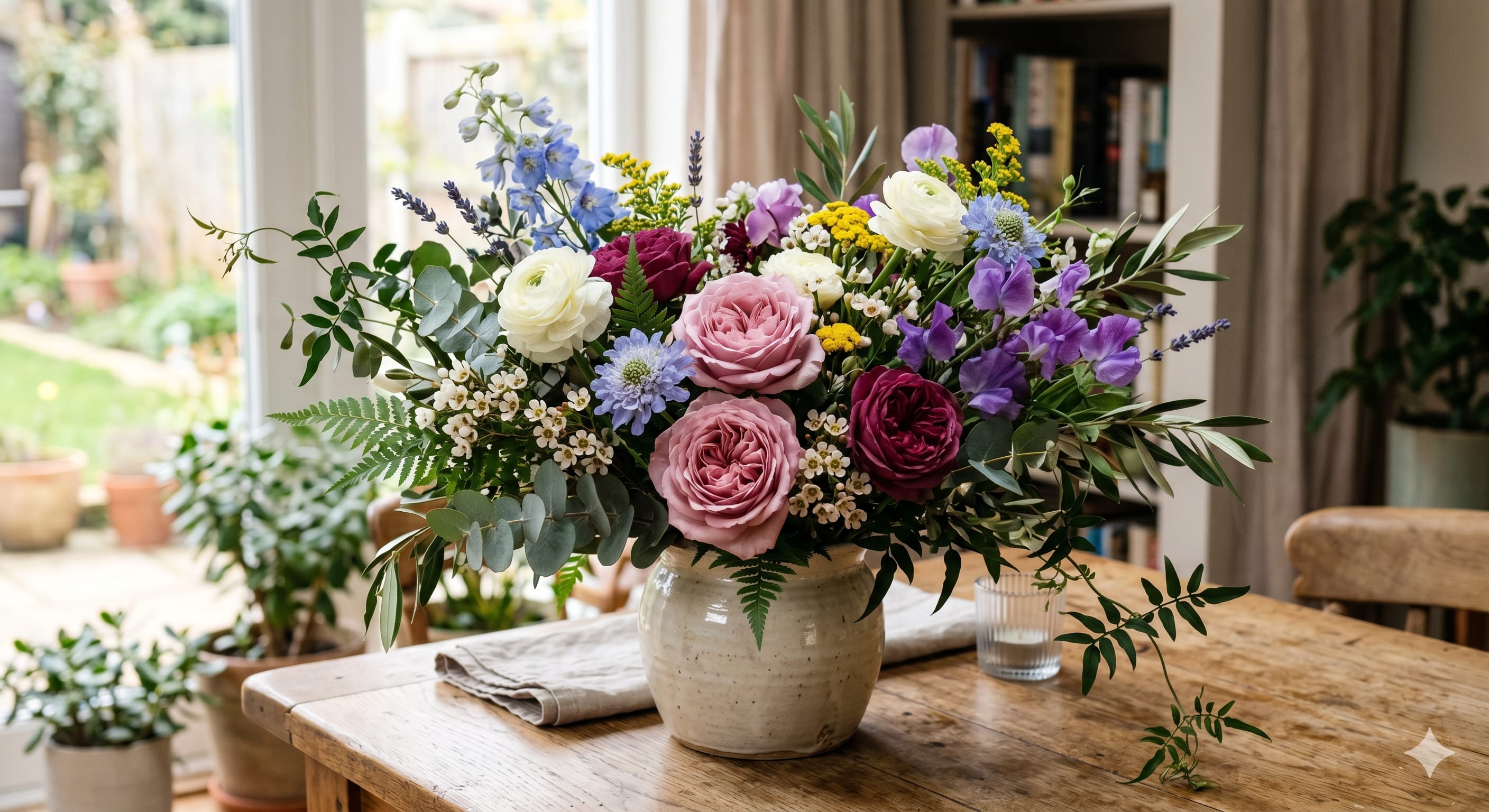 Blue Lagoon By Linda1 - A garden-style bouquet that reads like a fresh-cut secret: Blue Lagoon By Linda is a flower arrangement for Mother's Day, birthdays, anniversaries, or a heartfelt "just because" moment. The wide, airy design of roses and ranunculus creates an immediate impression of abundance and gentle movement-she'll feel noticed and celebrated the moment this ceramic vase arrives.  This arrangement mixes pink roses, white ranunculus, purple stock and other seasonal blooms with small blue and yellow accent flowers and daisy-like touches for a lively, layered palette of pastels and deeper magenta. Stems and soft foliage extend outward for a natural, abundant silhouette; the rounded ceramic vase grounds the composition and makes it an easy everyday centerpiece for a dining table or mantel.  Perfect as a thank-you gift or a thoughtful memorial or sympathy offering that still feels bright and alive, Blue Lagoon By Linda suits anyone who loves a romantic, garden-inspired look. Vase details and the arrangement's generous, spread-out shape make it simple to style at home; order with standard delivery options for same-week occasions.
