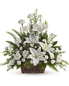 Peaceful White Lilies Basket -  Pet Friendly? No. Lilies are highly toxic to cats and can be dangerous for dogs as well. Tip: Keep out of reach and avoid homes with curious cats or other household pets.   Human Allergy Note : Lilies produce noticeable pollen that may bother sensitive individuals. Tip: Remove visible pollen anthers and keep the arrangement in a well-ventilated space away from bedding.   Care &amp; Longevity : Place the basket in a cool spot away from direct sun, heat, or vents. Gently water the floral foam to keep it moist (do not submerge). Remove fading blooms promptly to help the arrangement last longer.   Best Occasions &amp; Situations : - Sympathy &amp; condolences - Funeral services - Memorials - Comfort during loss - Celebration of life - Hospital or home remembrance   Why Customers Love It : - Calm, respectful presentation - Clean white color story - Balanced height and shape - Gift-ready basket design - Suitable for many sympathy settings