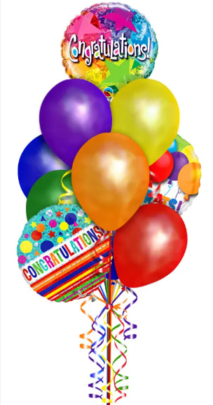 Cluster of colorful congratulations balloons with curling ribbons