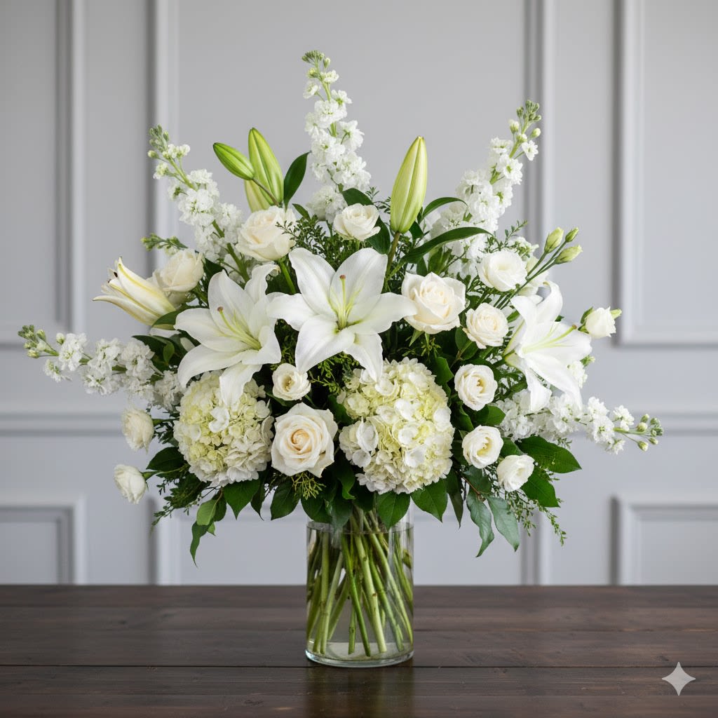 White Garden Vista Flower  -  Pet Friendly? No This arrangement contains Oriental Lilies, which are highly toxic to cats. It also features Eucalyptus, which can cause distress to both dogs and cats if ingested.  Keep out of reach; avoid homes with curious cats.   Human Allergy Note : This arrangement contains pollen-heavy Oriental Lilies and Stock. To minimize irritation, we recommend snipping the orange anthers from the center of the lilies as they open and keeping the vase in a well-ventilated area.   Care &amp; Longevity : To keep your garden vista looking fresh, change the water every two days and ensure the vase is thoroughly cleaned to prevent bacteria. Trim the stems at a 45-degree angle under running water before placing them back in the vase. Keep these delicate white blooms away from direct sunlight, heating vents, and ceiling fans to prevent premature wilting.   Best Occasions &amp; Situations : - Sympathy or Remembrance - Elegant Wedding Anniversary - Get Well / Hospital Gift - New Home / Housewarming - Milestone Birthday - Formal Corporate Thank-You - Engagement Celebration - Thinking of You   Why Customers Love It : - Timeless Color Palette: The all-white theme is eternally chic and fits any home decor. - Impressive Height: This is a tall, “statement” piece that stands out on a foyer or dining table. - Luxury Fragrance: The combination of lilies and stock creates a wonderful natural room scent. - Freshness Guarantee: Sourced from farm-direct growers to ensure maximum vase life.