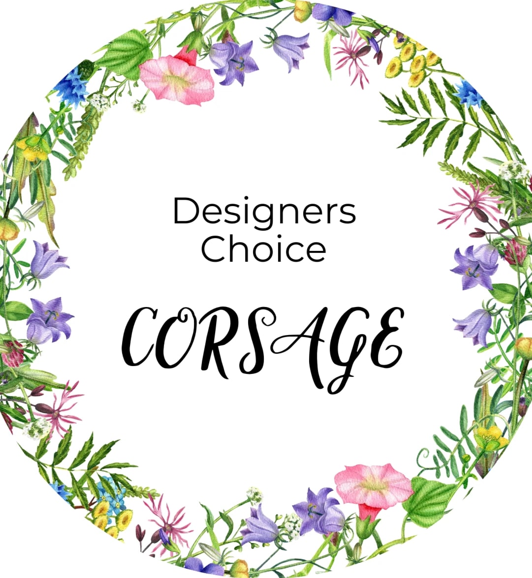 Floral wreath illustration encircling the words 'Designers Choice Corsage' on white background.