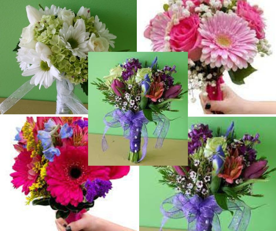 Collage of colorful hand-tied bouquets with ribbons