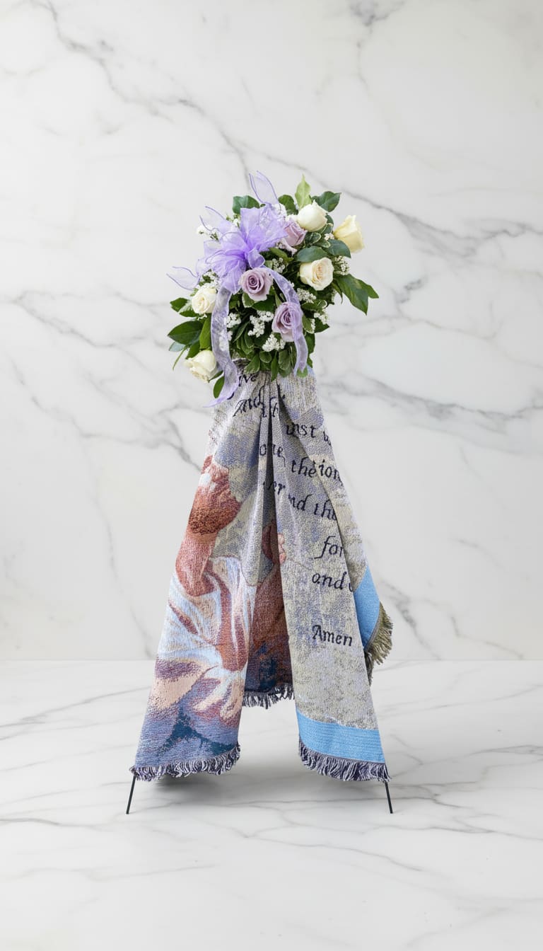 The Lord's Prayer Throw with Flowers - A gently reverent sympathy arrangement, this memorial floral spray with The Lord's Prayer throw offers a comforting focal point for a funeral or remembrance service. The flower arrangement and draped memorial throw together create a reflective tribute-perfect for honoring a loved one and offering solace to the family during a service or graveside gathering.  The floral spray features white and pale lavender roses paired with airy filler in soft greens, finished with a large sheer purple bow that ties into the throw's color palette of muted blue, lavender, and beige. The printed throw carries the Lord's Prayer text across a soft multicolor background and is displayed on a sturdy wire stand, making the piece easy to place at a service or memorial display. The combined textures-the smooth rose petals, delicate filler, and flowing fabric-give the arrangement a calm, contemplative presence.  Designed to comfort the person you're remembering, this display speaks of reverence and peaceful reflection for funerals, memorials, or graveside remembrances. The wire stand and attached ribbon make setup straightforward; for placement guidance or timing to ensure delivery for a service, please contact us at checkout so we can help the family feel truly supported.