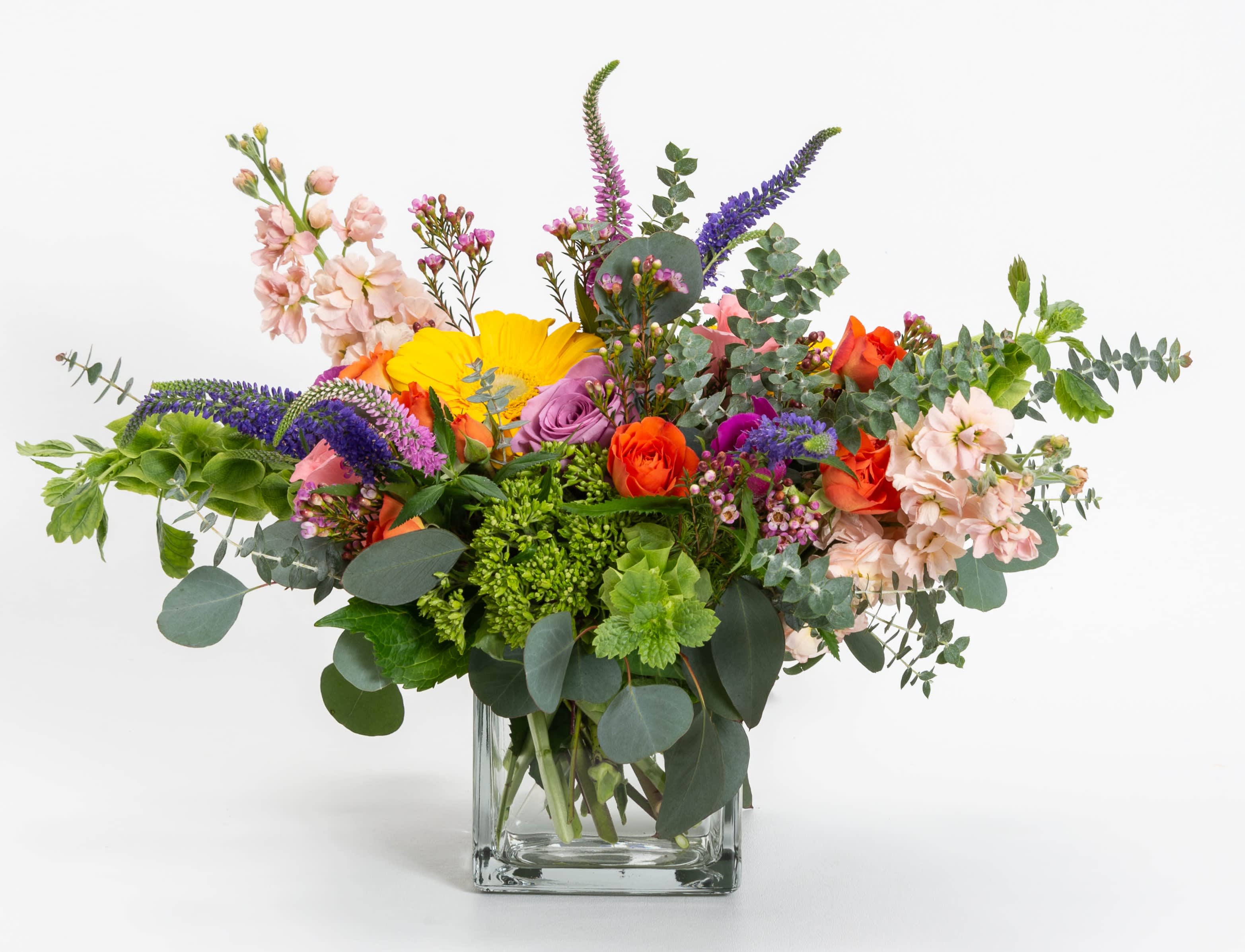Sweet Surprises - A 5x5 cube with a nice assortment of mixed flowers. Mini green hydrangea, veronica, stock, spray roses, bells of Ireland, anemone and roses. 