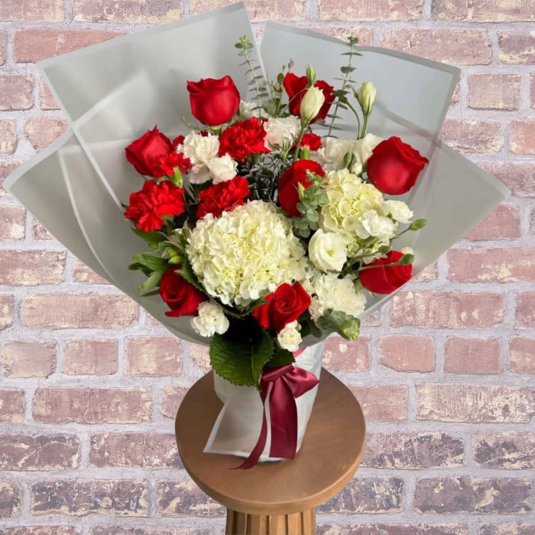 LOVE - one faced vase arrangement wrapped in lux wrap, red and white romantic color theme