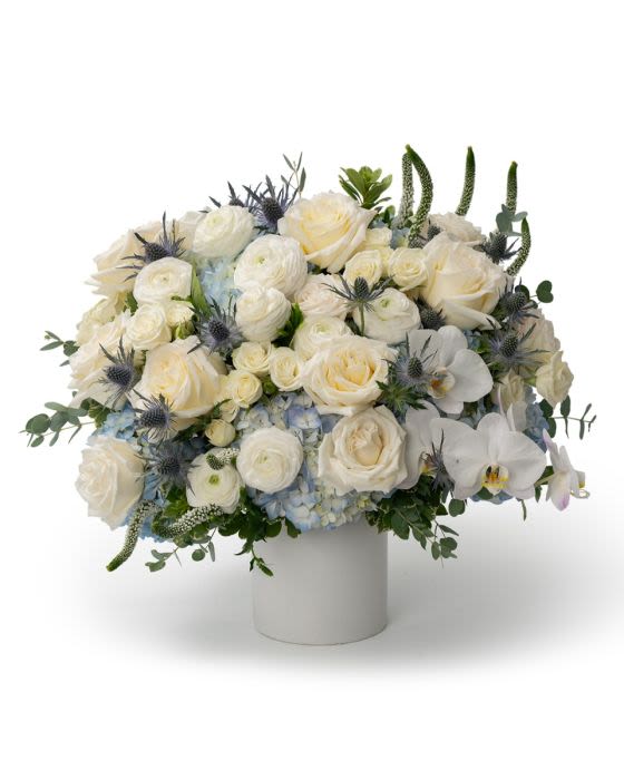 Celestial Luxe - Our Sapphire Collection celebrates the beauty of blue and white blooms — timeless, serene, and effortlessly elegant. Designed for every season, these arrangements bring a sense of grace and sophistication to any occasion.