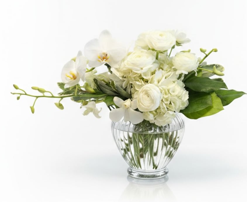 Ivory Whisper Garden - Soft, elegant, and timeless. Ivory Whisper Garden blends luxe white blooms with graceful orchids for a sophisticated statement that feels effortlessly refined. Perfect for sympathy, celebrations, or bringing serene beauty into any space.