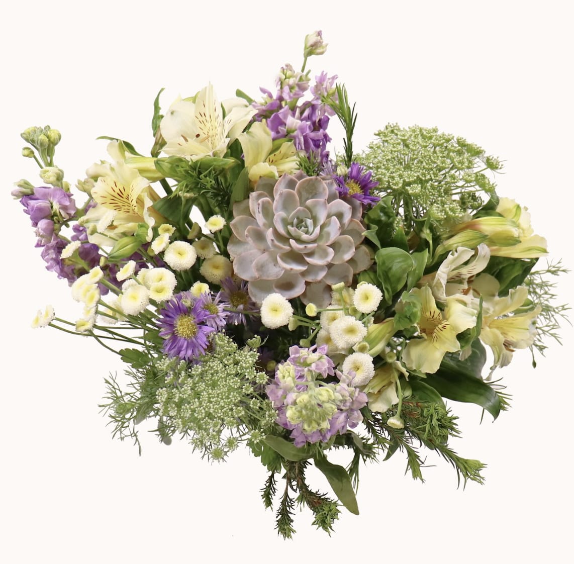Mixed bouquet with pale lilies, purple flowers, and a succulent