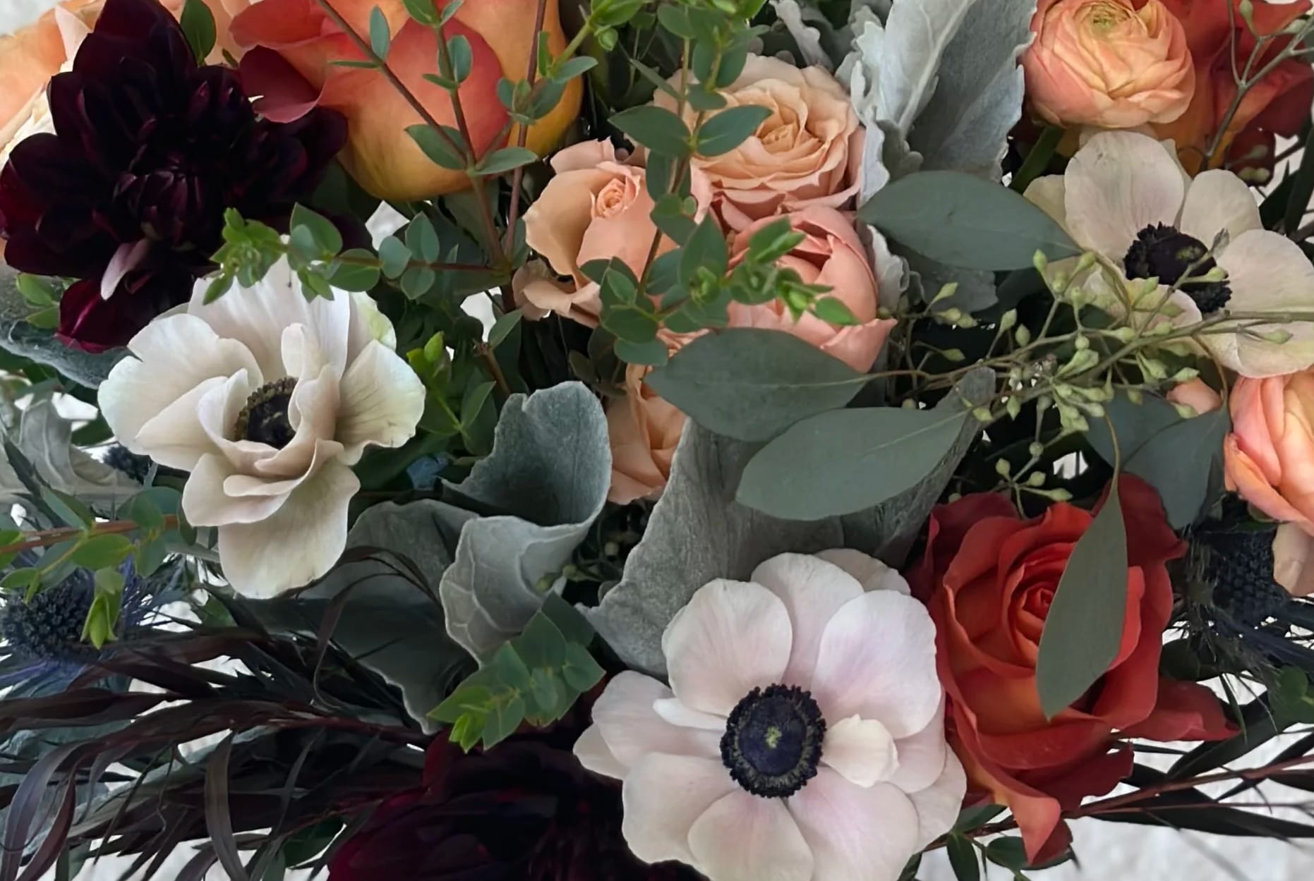 Moody Luxe Bouquet - The "Moody Luxe Bouquet" has burgundy, mustard, and rust accents.   *Pictures are a representation of color pallets. The flowers in the photo may change based on availability. 